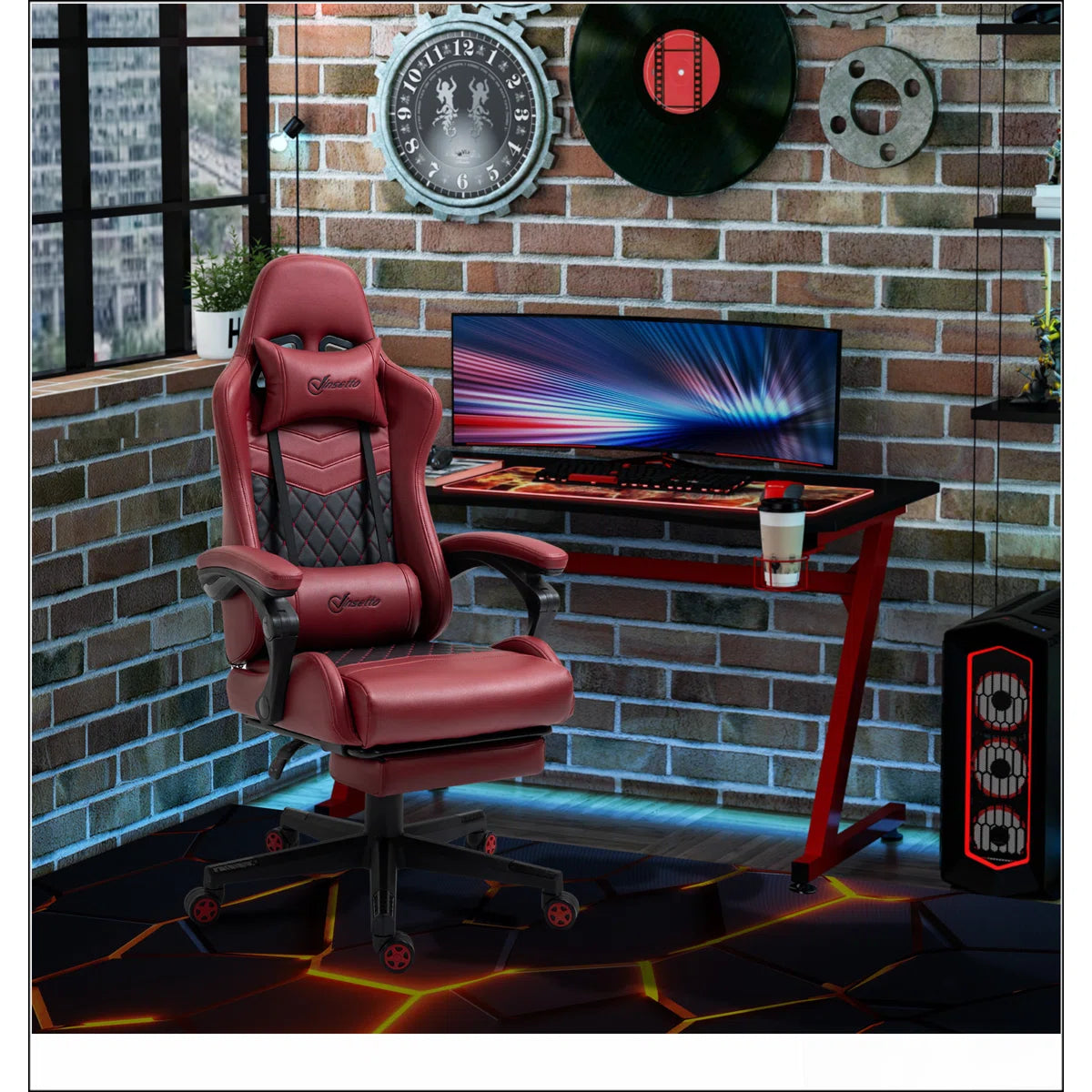 Vinsetto Racing Gaming Chair Diamond PU Leather Office Gamer Chair High Back Swivel Recliner with Footrest, Lumbar Support