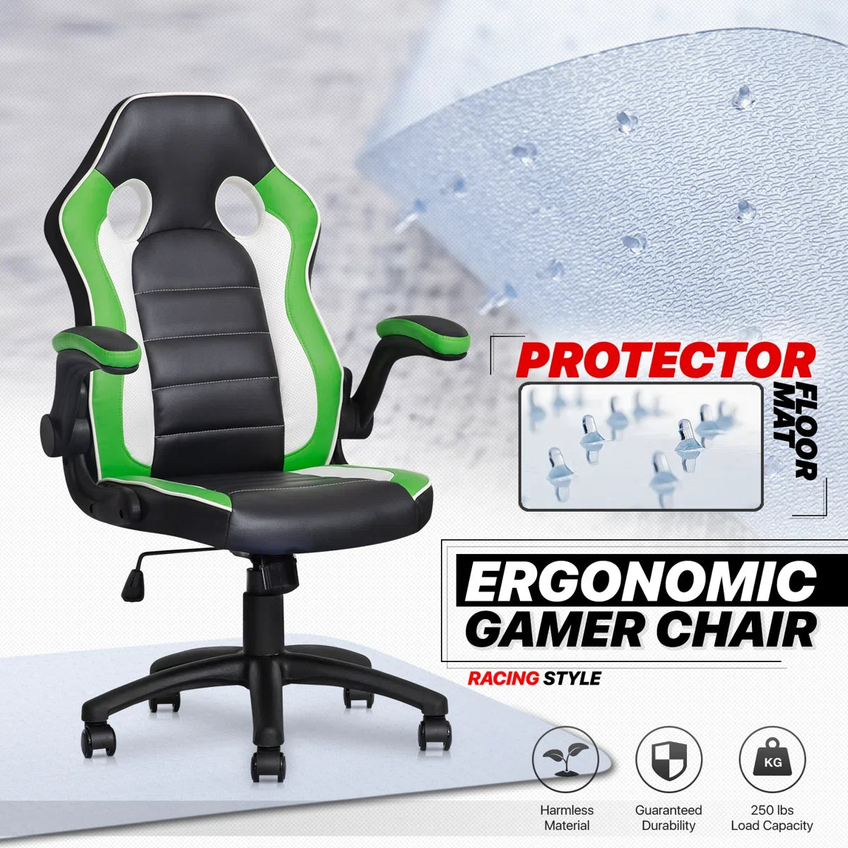 Faux Leather Chair with Floor Protector Mat Set, PU Computer Gaming Racer Seat with Flip-Up Handrail