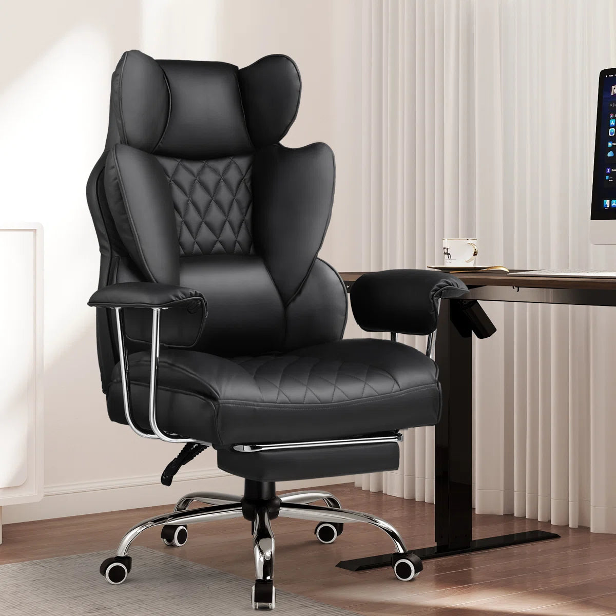 Big And Tall Gaming Chair With Pocket Spring Lumbar Support, Ergonomic Office Chair With Footrest, Executive Desk Chair With Outward Fixed Soft Armrests, Computer Chair With High Back