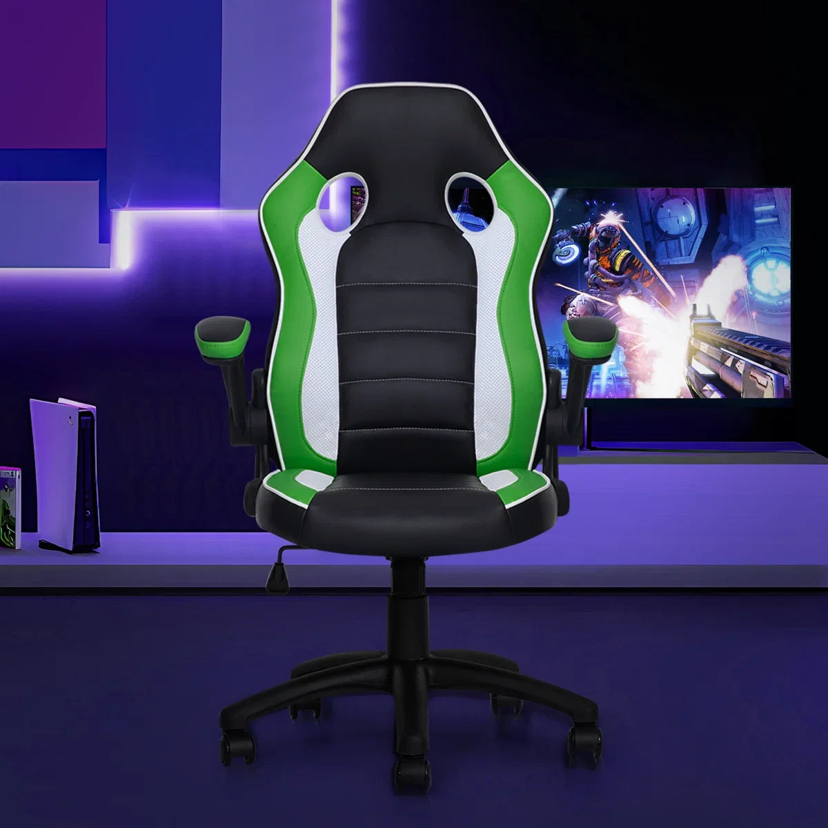 Faux Leather Chair with Floor Protector Mat Set, PU Computer Gaming Racer Seat with Flip-Up Handrail