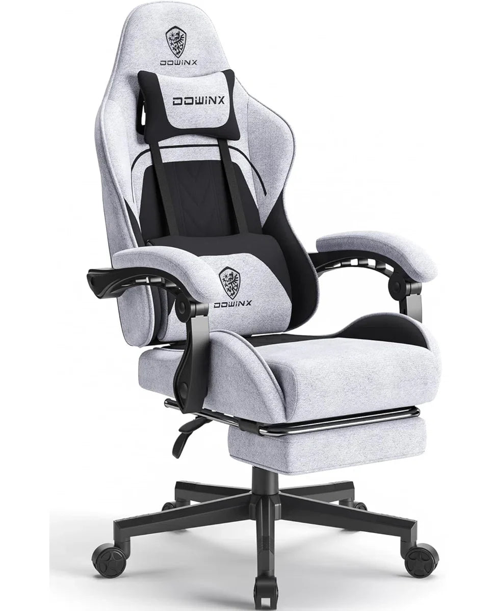 Gaming Chair Fabric with Pocket Spring Cushion, Massage Game Chair Cloth with Headrest, Ergonomic Computer Chair with Footrest 290LBS, Black and Grey