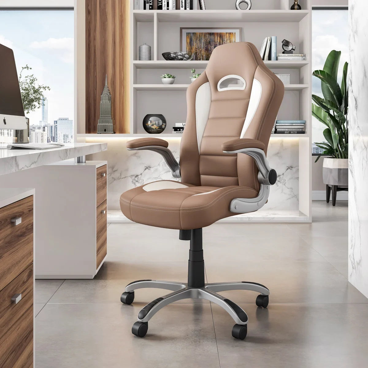 Brumley Adjustable Reclining Ergonomic Faux Leather Swiveling PC & Racing Game Chair in Beige/White