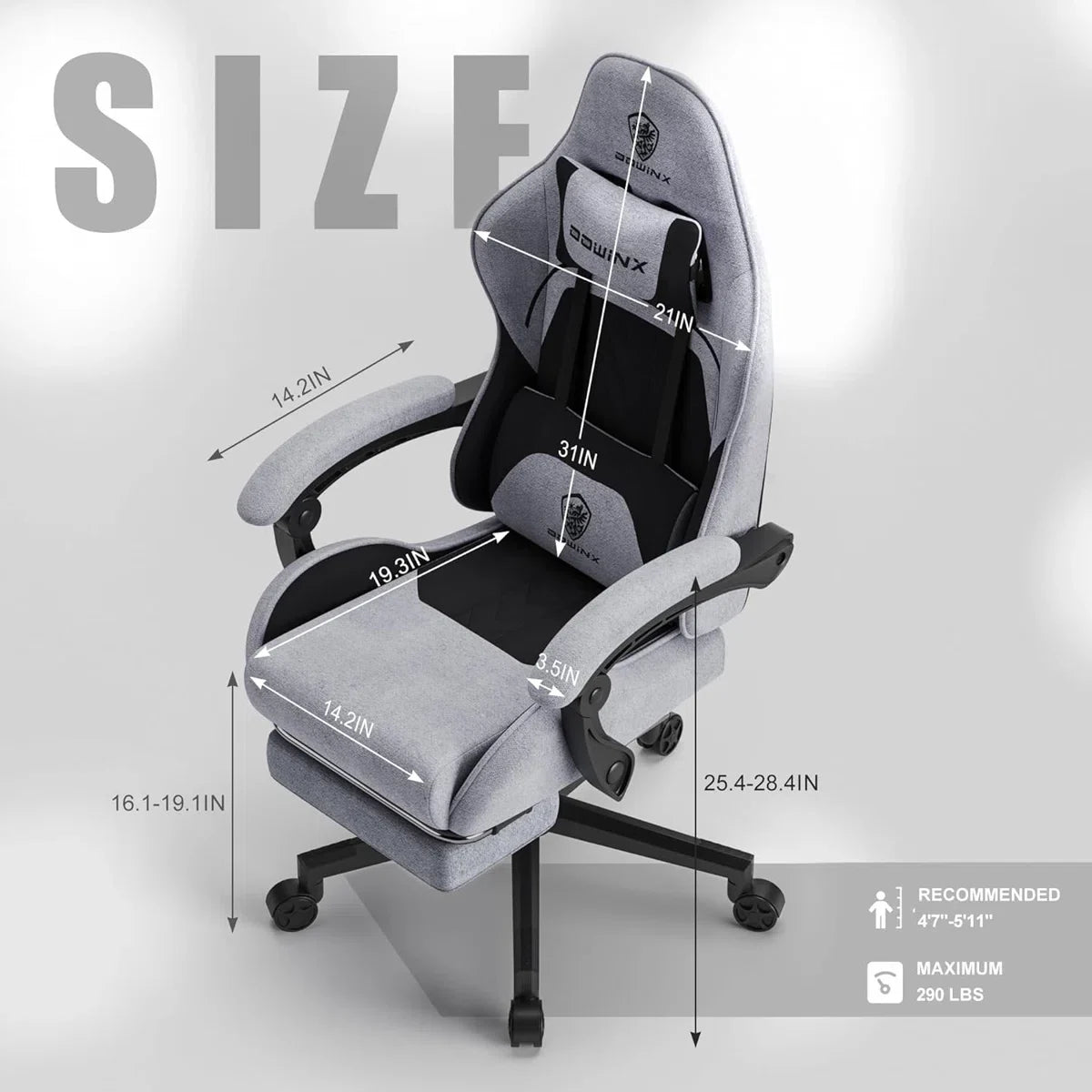 Gaming Chair Fabric with Pocket Spring Cushion, Massage Game Chair Cloth with Headrest, Ergonomic Computer Chair with Footrest 290LBS, Black and Grey