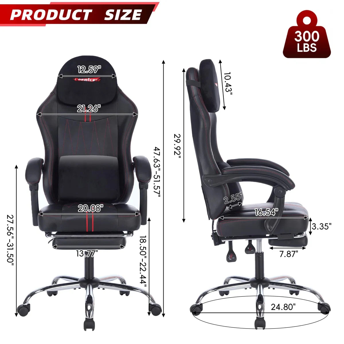 Ergonomic Gaming Chair with Footrest, Faux Leather Reclining Swivel PC Racing Office Chair, Lumbar Support, Big Tall Weight Capacity