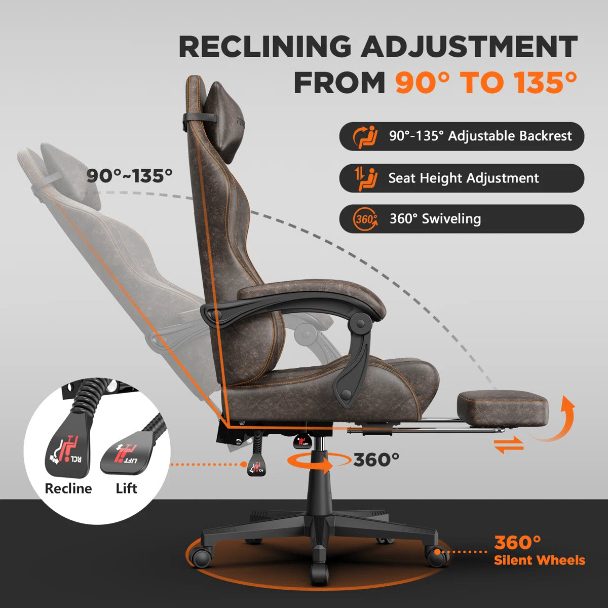 Soontrans Gaming Chair with Footrest Computer Ergonomic Office Chair with Massage Lumbar Support & Headrest, High Back Vintage Game Chair for Adults and Kids, Brown
