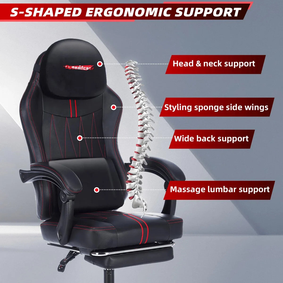 Ergonomic Gaming Chair with Footrest, Faux Leather Reclining Swivel PC Racing Office Chair, Lumbar Support, Big Tall Weight Capacity