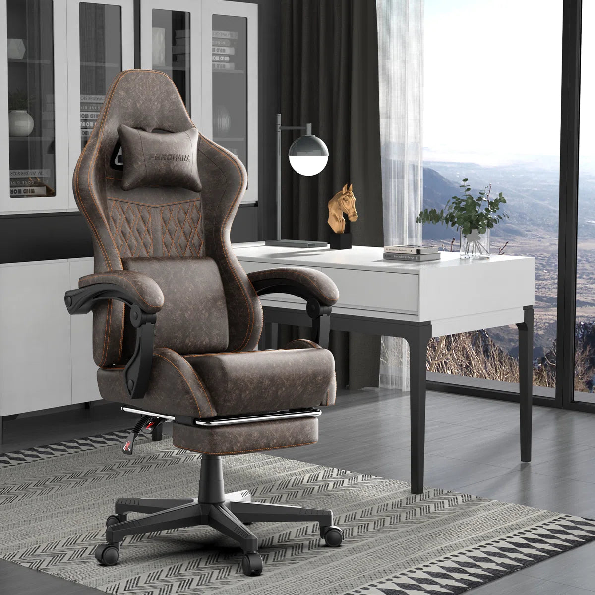 Soontrans Gaming Chair with Footrest Computer Ergonomic Office Chair with Massage Lumbar Support & Headrest, High Back Vintage Game Chair for Adults and Kids, Brown