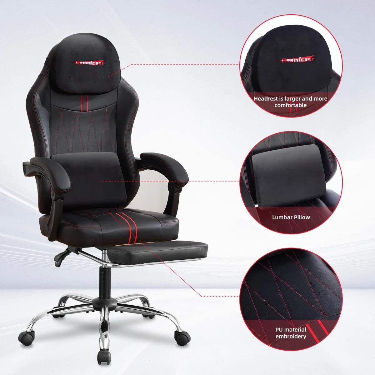 Ergonomic Gaming Chair with Footrest, Faux Leather Reclining Swivel PC Racing Office Chair, Lumbar Support, Big Tall Weight Capacity