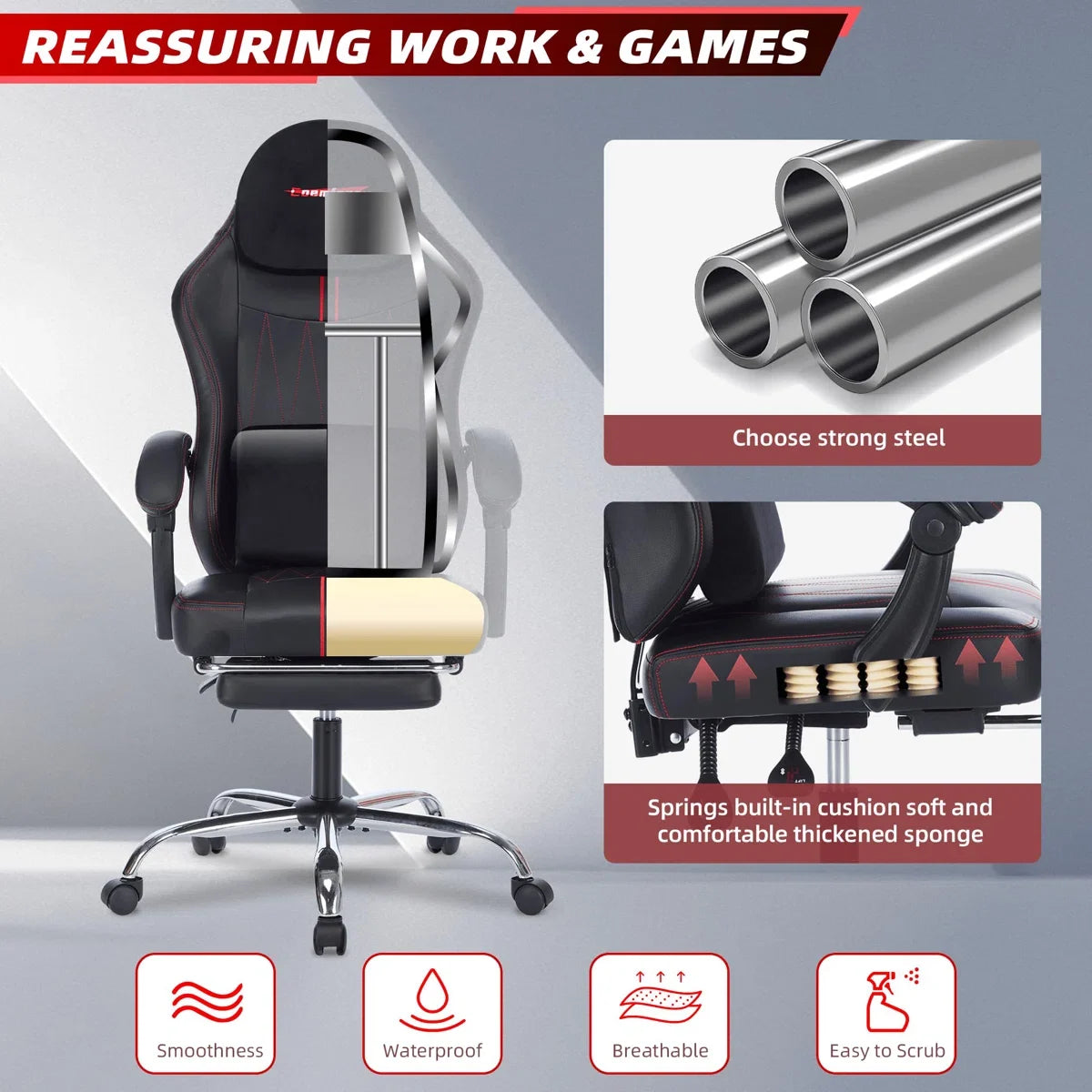 Ergonomic Gaming Chair with Footrest, Faux Leather Reclining Swivel PC Racing Office Chair, Lumbar Support, Big Tall Weight Capacity