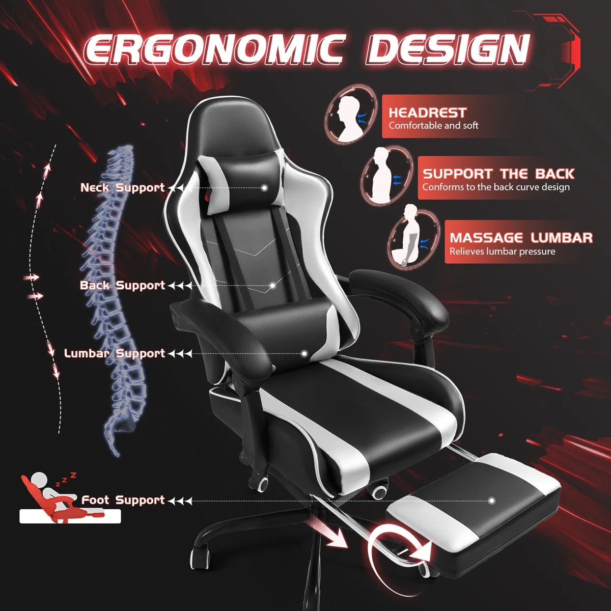 Adjustable Video Gaming Chair with Massage Swiveling PC & Racing Game Chair with Footrest