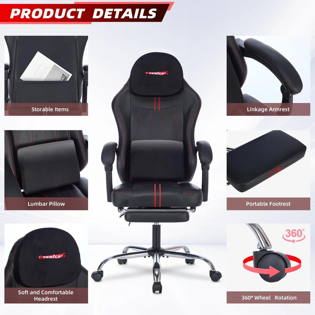 Ergonomic Gaming Chair with Footrest, Faux Leather Reclining Swivel PC Racing Office Chair, Lumbar Support, Big Tall Weight Capacity