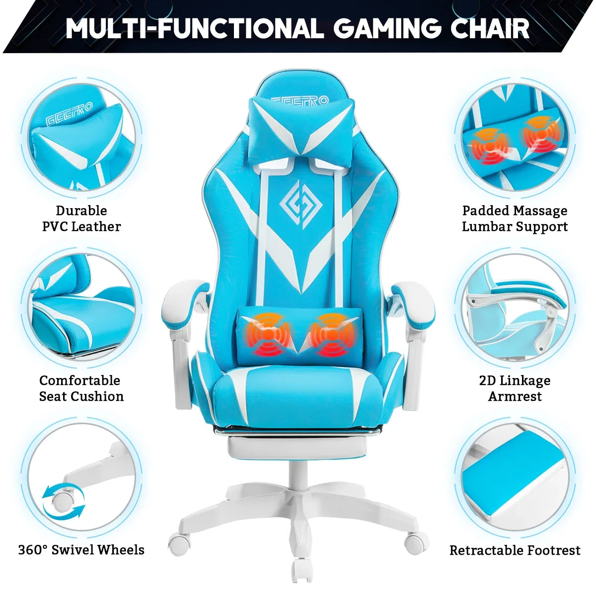 Adjustable Reclining Ergonomic Swiveling PC & Racing Game Chair with Footrest