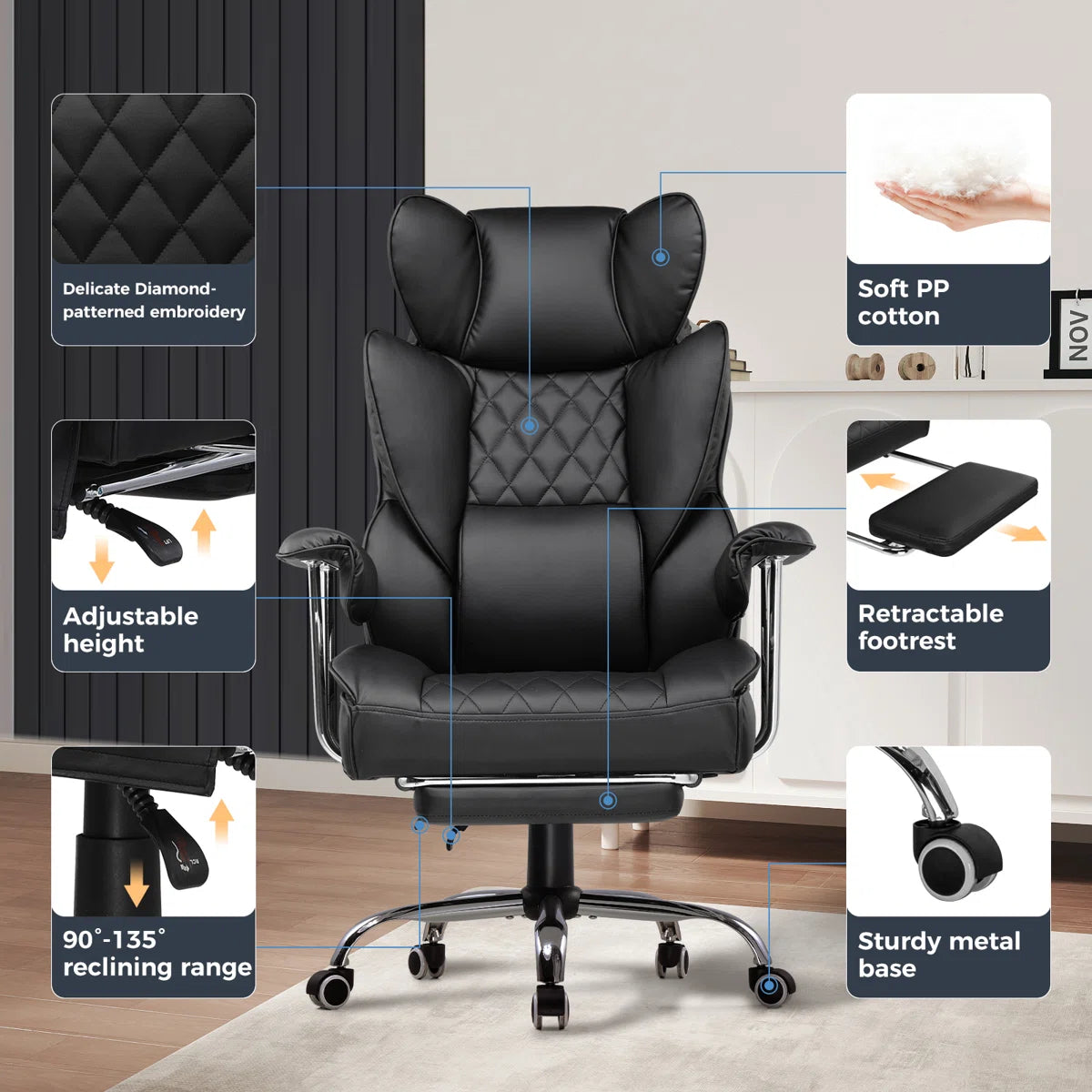 Big And Tall Gaming Chair With Pocket Spring Lumbar Support, Ergonomic Office Chair With Footrest, Executive Desk Chair With Outward Fixed Soft Armrests, Computer Chair With High Back