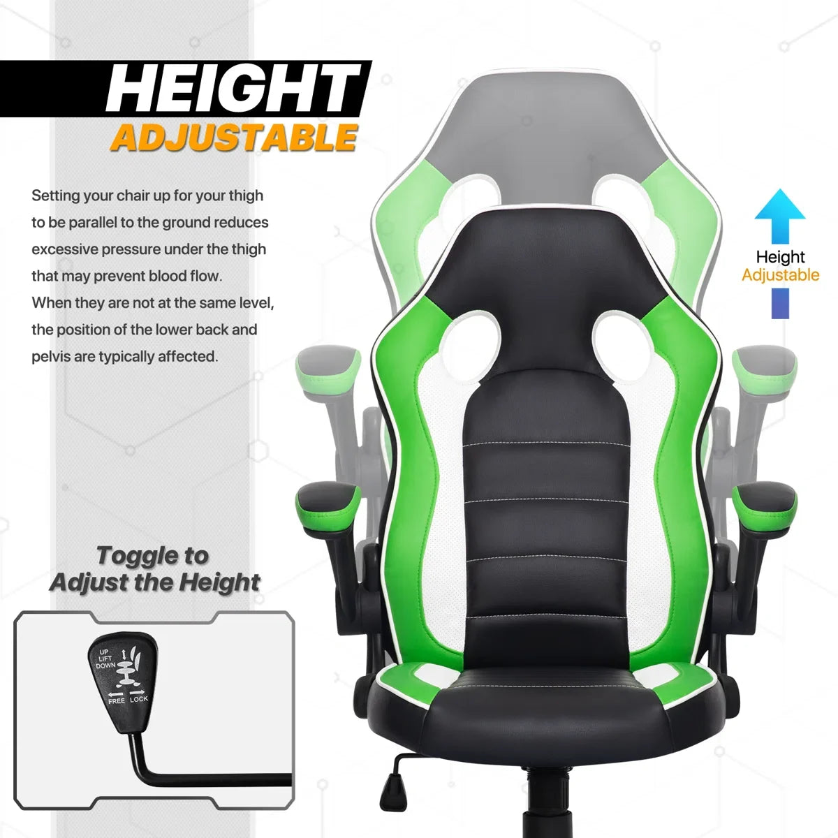 Faux Leather Chair with Floor Protector Mat Set, PU Computer Gaming Racer Seat with Flip-Up Handrail